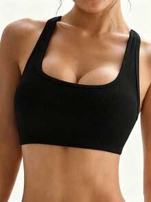 SHEIN 女款純色休閒日常運動掛脖內衣，健身上衣，女款健身服，女款健身套裝，健身服，女款運動健身 - 黑色 - 查看 4