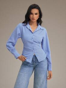 SHEIN Tall Women's Blue And White Striped Long Sleeve Shirt, Back Ruched Shirt, Daily Commute Shirt, Vacation Shirt, Waist-Cinching Striped Shirt, Spring Summer Autumn Winter Clothing Commute, Elegant, Vacation, Bohemian, Workwear - Blue and White - View 7