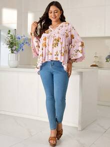 Rosumi Women's Plus Size Mid-Sleeve V-Neck Pink Printed Blouse Fall - Multicolor - View 6