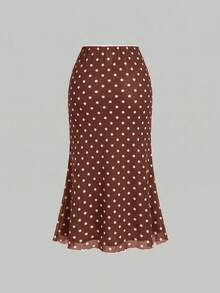 SHEIN MOD 棕色與白色波點蝴蝶結不對稱下擺上衣低腰魚尾裙套裝 派對早午餐野餐 夏季 1960年代復古優雅可愛 70年代老錢風 - 棕色 - 查看 6