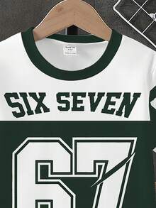 1套青少年男孩SIX SEVEN字母印花拼色套裝，美式復古運動風兩件組，短袖上衣配短褲 - 彩色 - 查看 6