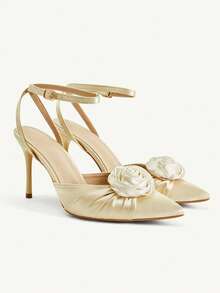 CUCCOO CHICEST Women's Shoes Champagne Pointed Toe 3D Floral Detail Ankle Strap High Heels Elegant Date Wedding Dinner Party - Champagne - View 1
