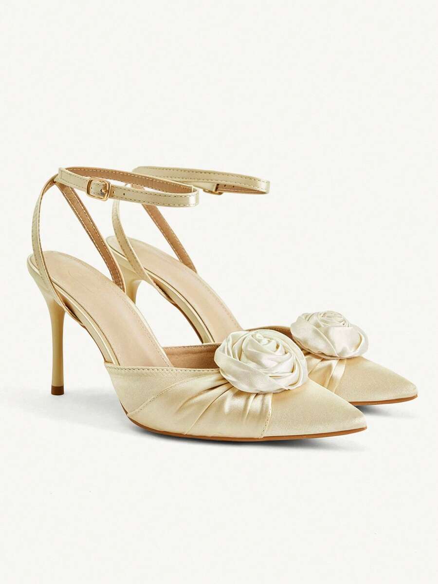 CUCCOO CHICEST Women's Shoes Champagne Pointed Toe 3D Floral Detail Ankle Strap High Heels Elegant Date Wedding Dinner Party - Champagne - View 1