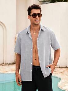 Mercer Haus Feiyo Men's Retro Style Short Sleeve Shirt, Made Of Lightweight Striped Polyester Fabric. Suitable For All Seasons, Casual And Versatile. - Black and White - View 1