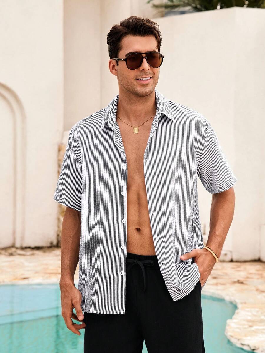 Mercer Haus Feiyo Men's Retro Style Short Sleeve Shirt, Made Of Lightweight Striped Polyester Fabric. Suitable For All Seasons, Casual And Versatile. - Black and White - View 1