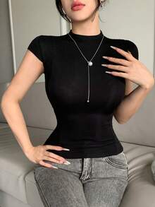 DAZY 女款休閒百搭素色修身T恤 - 黑色 - 查看 3