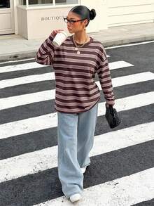 Muchica 女款休閒極簡復古棕色與粉色條紋寬鬆露背綁帶長袖T恤，適合外出、返校、街頭穿搭、露背上衣、秋季上衣，適用於日常通勤、約會、聚會、秋冬春夏、聖誕節、新年、感恩節、派對、婚禮、海灘、畢業典禮，時尚優雅休閒 - 彩色 - 查看 5