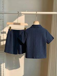 Kids Young Boy Young Boy 2pcs/Set Spring/Summer Casual Versatile Vacation Style Striped Short Sleeve Shirt & Knit Shorts Set, Young Boy Outfit Set - Multicolor - View 2