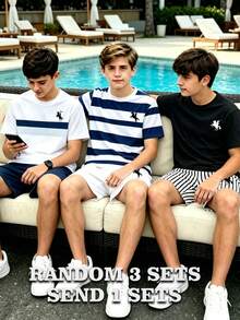 3 Conjuntos Aleatorios, Envío de 1 Conjunto, Conjunto de Camiseta de Manga Corta con Cuello Redondo y Pantalones Cortos con Patrón de Icono de Jinete a Rayas Azul, Blanco y Negro, Atuendo Deportivo de Verano al Aire Libre, Conjunto de Camiseta de Manga Corta con Cuello Redondo y Pantalones Cortos Suave y Cómodo para Niños, Perfecto para Niños - Multicolor - Ver 5