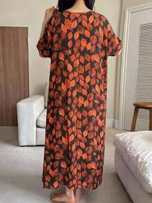 DAZY Leaf Print All-Over V-Neck Short Sleeve Loose Long Dress Summer Outfit Women's Nightgown Pajamas - Orange - View 2