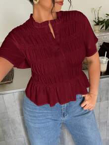 Firerie Plus Size Women Solid Color Pleated Short Sleeve Single-Breasted Shirt Formal Office Burgundy Summer Elegant - Burgundy - View 3