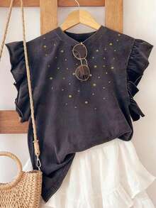 Resyla Shiny Rhinestone Embellished Fashionable Minimalist Women's Ruffle Cuff Round Neck T-Shirt, Gift For Friends - Black - View 3