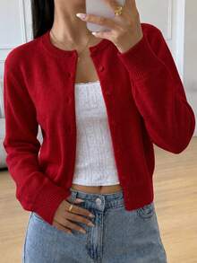 SHEIN 青少年女孩休閒百搭素色開襟衫 - 紅色 - 查看 4