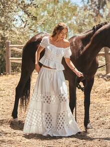 WESTFADE Drawstring Waist Tiered Ruffle Embroidered 100% Cotton & Crochet Lace A Line Skirt, Country Style For Women, Fall, Autumn, Casual, Back To School - White - View 3