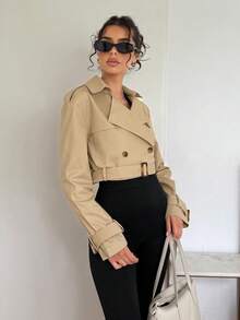 SHEIN EZwear 純色腰帶翻領短款風衣 - 卡其色 - 查看 14