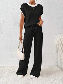 EMERY ROSE 2pcs/Set Women's Loose Knit Casual Contrast Trim & Drawstring Sweater & Pants - Black - View 4