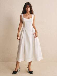 Poéselle Elegantes französisches Midi-Kleid für Damen in Weiß, einfarbig, mit Herz-Ausschnitt, ärmellos, quadratischem Ausschnitt, für Abschlussfeier, Hochzeit, Poolparty und Tagesparty im Sommer - Weiss - Übersicht 4