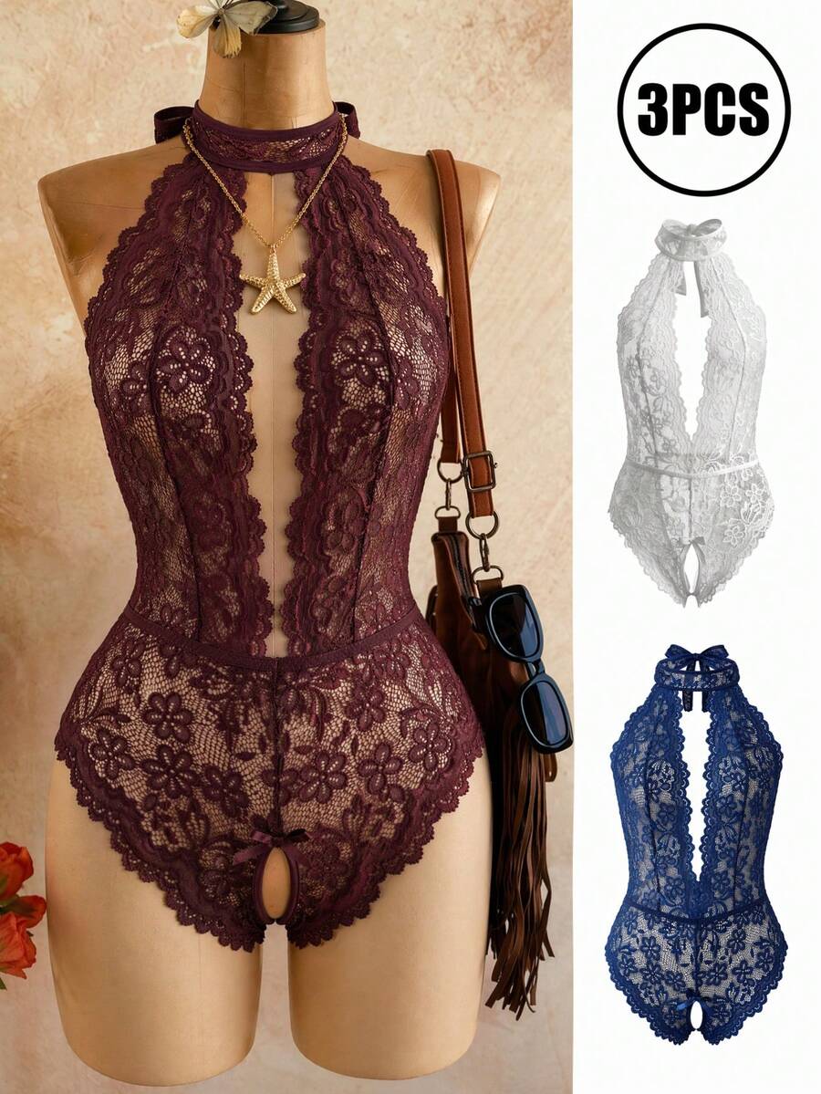 SHEIN 性感蕾絲無肩帶收腰掛脖式女款3件套內衣組(無鋼圈),性感女用內衣,蕾絲性感內衣,性感套裝 - 彩色 - 查看 1