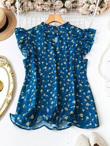 SHEIN Franclia 女士甜美优雅荷叶边领盖袖碎花宽松衬衫，适合度假和日常搭配 - 藍色 - 查看 2
