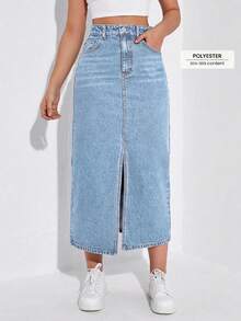 EMERY ROSE Plus Size Women's Casual Versatile Denim Skirt With Pocket, Button And Slit Design For Daily Wear - Grey - View 3