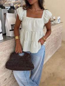 Serisse Blusa de mujer a rayas con cuello cuadrado, manga corta tipo campana y bajo con volantes - Albaricoque - Ver 4