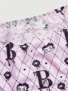 Chillnights Betty Boop x SHEIN 粉色鋼圈模杯聚攏舒適巴爾科內式蕾絲拼接滿版印花女款內衣套裝 - 粉色 - 查看 7