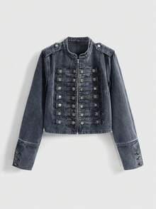 ROMWE Grunge Punk Chaqueta ligera de denim lavado desgastado con hebilla de metal vintage estilo náutico punk - Azul - Ver 4