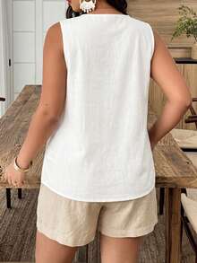 Weeklong White Sleeveless V-Neck Linen-Cotton Shirt, Hollow Lace Splicing, Pastoral Resort Style, Plus Size Summer Top - White - View 2