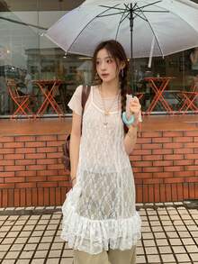 K-Vae Women's Fashion Lace Camisole Top With Ruffle Hem Date White Summer Frenchy Romantic Paris - White - View 3