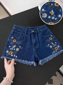 GlowEve CURVE 大尺碼花卉刺繡流蘇飾邊牛仔短褲 - 深色水洗藍 - 查看 1