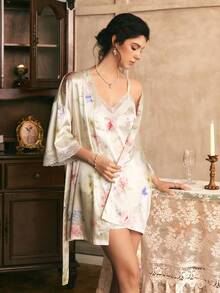 Côtesoire Conjunto de 3 piezas con top de camisola de encaje con estampado floral elegante y romántico de plantas del sur de Francia, shorts y bata de satén - Multicolor - Ver 5