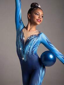 Tween Girls Long Sleeve Patterned Jumpsuit, Blue Fashionable Print Design With Rhinestones, Casual, Fashion, Team Competition, Daily Training And Other Sports Wear. All Season. - Multicolor - View 3