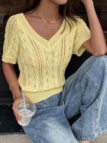 Yunfilé Women's Hollow-Out Twist Knit Pale Yellow Top, Summer Brunch Casual - Yellow - View 4