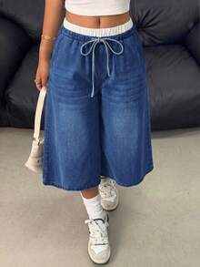 Teen Girls Colorblock Waist Light Blue Denim Loose Fit Long Pants - Dark Wash - View 1