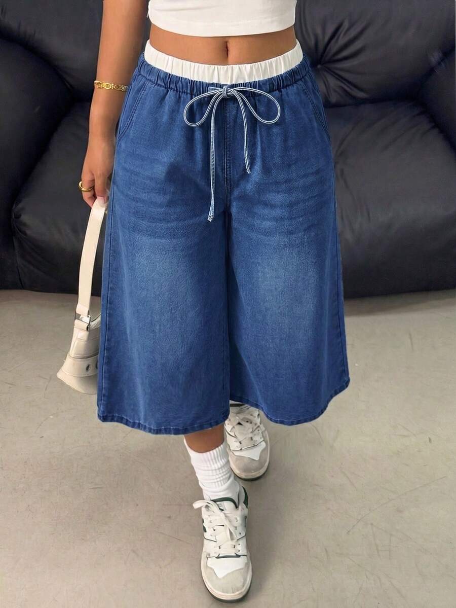 Teen Girls Colorblock Waist Light Blue Denim Loose Fit Long Pants - Dark Wash - View 1