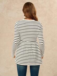 Boho Mama Maternity Striped Round Neck Long Sleeve Ruffle Hem Casual Maternity T-Shirt Photoshoot White Autumn Fall - Black and White - View 5