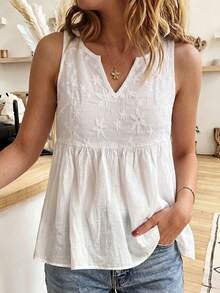 Yunfilé Summer Casual Boho Floral Textured Open Collar Camisole V-Neck Blouse Vacation White Floral - White - View 6