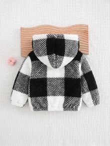 Cozy Pixies 女嬰休閒百搭格紋連帽保暖內裡中厚開襟冬季外套 - 黑與白 - 查看 2