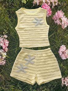 SHEIN Tween Girls Kids Casual Vacation Cream Dopamine Color Palette Sweet Knit Textured Striped Cute Starfish Decor Preppy Style Sleeveless Casual Tank Top & Shorts 2-Piece Set, Y2K Young Fashion Outfit, Summer Vacation Travel, Suitable For Back To School, Holiday Family Outdoor Autumn Picnic, Daily Wear, Spring/Summer Clothing, Beach Outfit, Commute, Elegant, Beach, Bohemian, Hawaii, Music Festival, Yellow Knit Set - Yellow - View 2