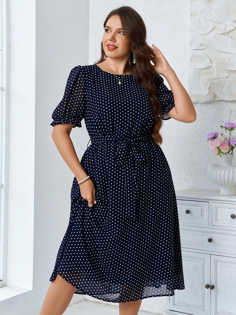 Plus Size Women Summer Casual Elegant Vacation  Polka Dot Print Navy Blue Dress,Flowy Dress,Going Out Dress,Formal,Business,Back To School,Fall