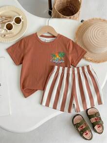 Baby Boy Simple Coconut Tree Print T-Shirt And Striped Shorts Set, Suitable For Summer Beach Holiday Cute Versatile Comfy - White - View 6