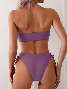 Swim Basics Solid Color Two-Piece Swimsuit For Beach Vacation - Purple - View 2