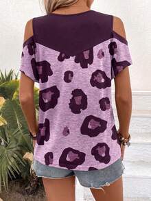 Yunfilé T-shirt d'été décontracté pour femme à manches courtes, imprimé léopard et blocs de couleurs, avec découpes aux épaules, top graphique imprimé guépard - Multicolore - Voir 2