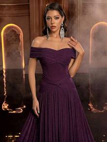 Glamrae Elegant Off-Shoulder Knitted Fabric Ruched Design Waist Fan-Shaped Pleated Tummy-Control Bodycon A-Line Dress, Suitable For Ball, Business Events, Private Tea Parties, Birthday, Large Holiday Events, Wedding Guests, Women's Heavy Embellished Evening Gown, Long Dress, Formal Dress - Maroon - View 3