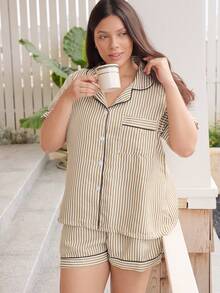 Doze Lane Striped Heart Print Lapel Button-Down Short Sleeve Shorts Women Plus Size Pajama Set - Brown - View 5
