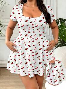 Solflare Women's Plus Size Cherry Pattern Square Neck Casual Jumpsuit - Multicolor - View 4
