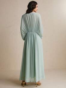 CielaLinda Women's Ruched Batwing Sleeve Chiffon Maxi Boho Elegant Romantic Wedding Sage Green Dress Cocktail Night Autumn - Green - View 2