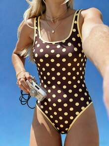 SHEIN Swim Women's One-Piece Swimsuit With Floral And Plaid Print, Slimming Flattering Fit, Summer Holiday Beach Pool Party Brown Polka Dot Retro Vintage 70s - Multicolor - View 1