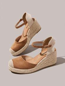 Styleloop Solid Color Gentle And Versatile Buckle Wedge Sandals - Coffee - View 6