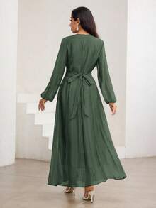 Veilorie Vestido elegante de cuello alto de 3/4 de manga con cintura fruncida, versátil y encantador - Verde militar - Ver 8